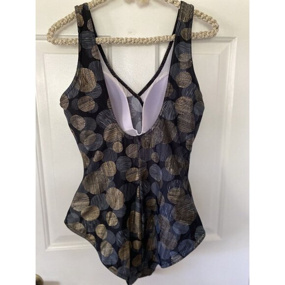 Byron Blue Australia Womans One Piece Swimsuit Black Gold Blue Circle Size 12 - Picture 9 of 16